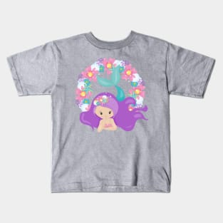 Cute Mermaid, Little Mermaid, Purple Hair, Flowers Kids T-Shirt